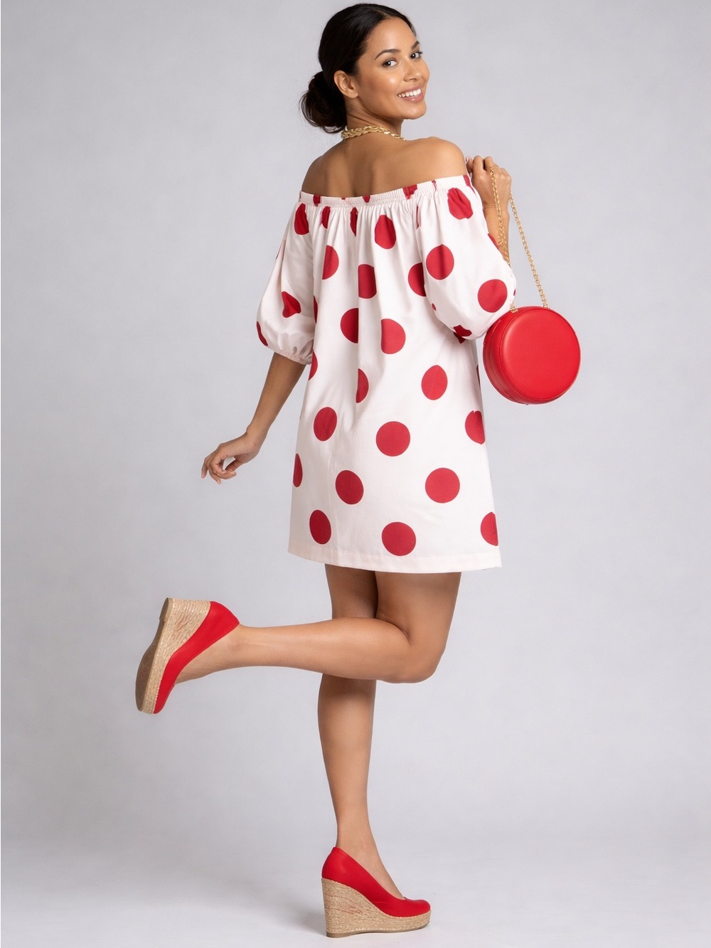 Off-Shoulder light pink Dress with Red Polka Dots